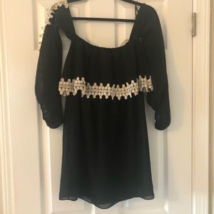 Black chiffon boho dress with cream lace detail